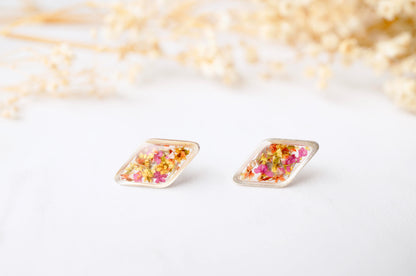 Real Dried Flowers and Resin Diamond Stud Earrings in Orange Yellow and Pink Mix