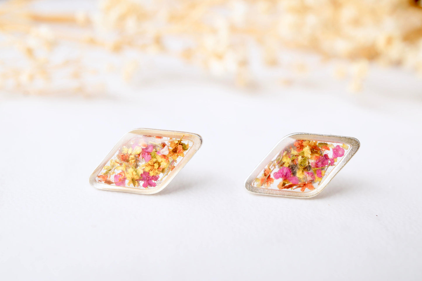 Real Dried Flowers and Resin Diamond Stud Earrings in Orange Yellow and Pink Mix