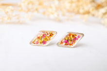 Real Dried Flowers and Resin Diamond Stud Earrings in Orange Yellow and Pink Mix