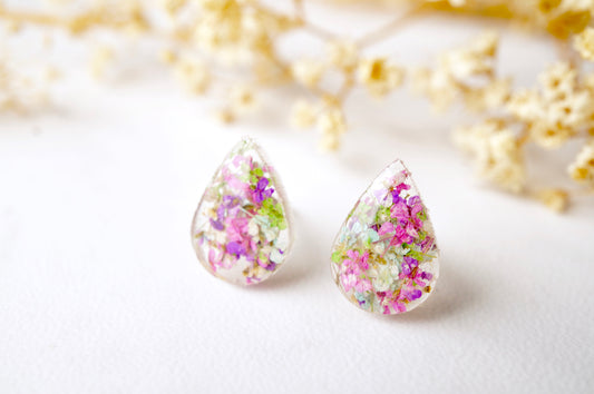 Real Dried Flowers and Resin Teardrop Stud Earrings in Pink Green Purple Mint and White