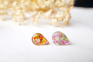 Real Dried Flowers and Resin Stud Earrings, Gold Teardrop in Red Orange Yellow Pink Mint and White mix