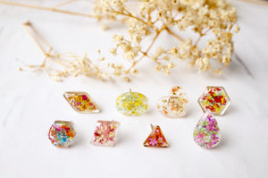 Real Dried Flowers and Resin Stud Earrings in Pink and Orange Mix with Rose Gold frame