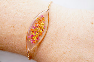 Real Dried Flowers and Resin Bracelet, Rose Gold in Red Orange Yellow Mix