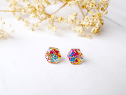 Real Dried Flowers and Resin Hexagon Stud Earrings in Party Mix