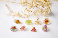 Real Dried Flowers and Resin Hexagon Stud Earrings in Party Mix