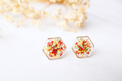 Real Dried Flowers and Resin Stud Earrings, Gold Hexagon in Red Yellow and Mint mix