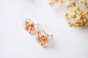 Real Dried Flowers and Resin Stud Earrings, Gold Hexagon in Red Yellow and Mint mix