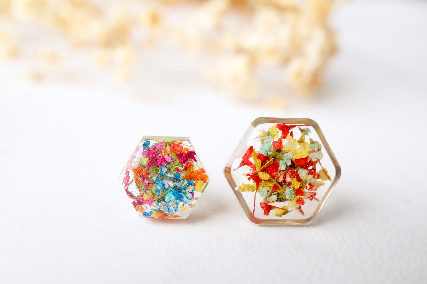 Real Dried Flowers and Resin Stud Earrings, Gold Hexagon in Red Yellow and Mint mix