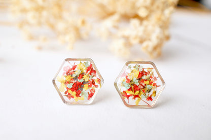 Real Dried Flowers and Resin Stud Earrings, Gold Hexagon in Red Yellow and Mint mix