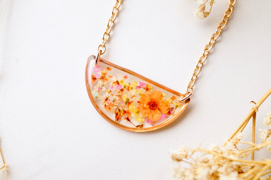 Real Dried Flowers in Resin Necklace, Half Circle in Orange Yellow Pink and White mix