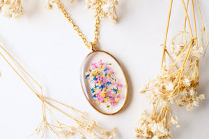 Real Pressed Flower and Resin Necklace Gold Oval in Pink Yellow Blue and White