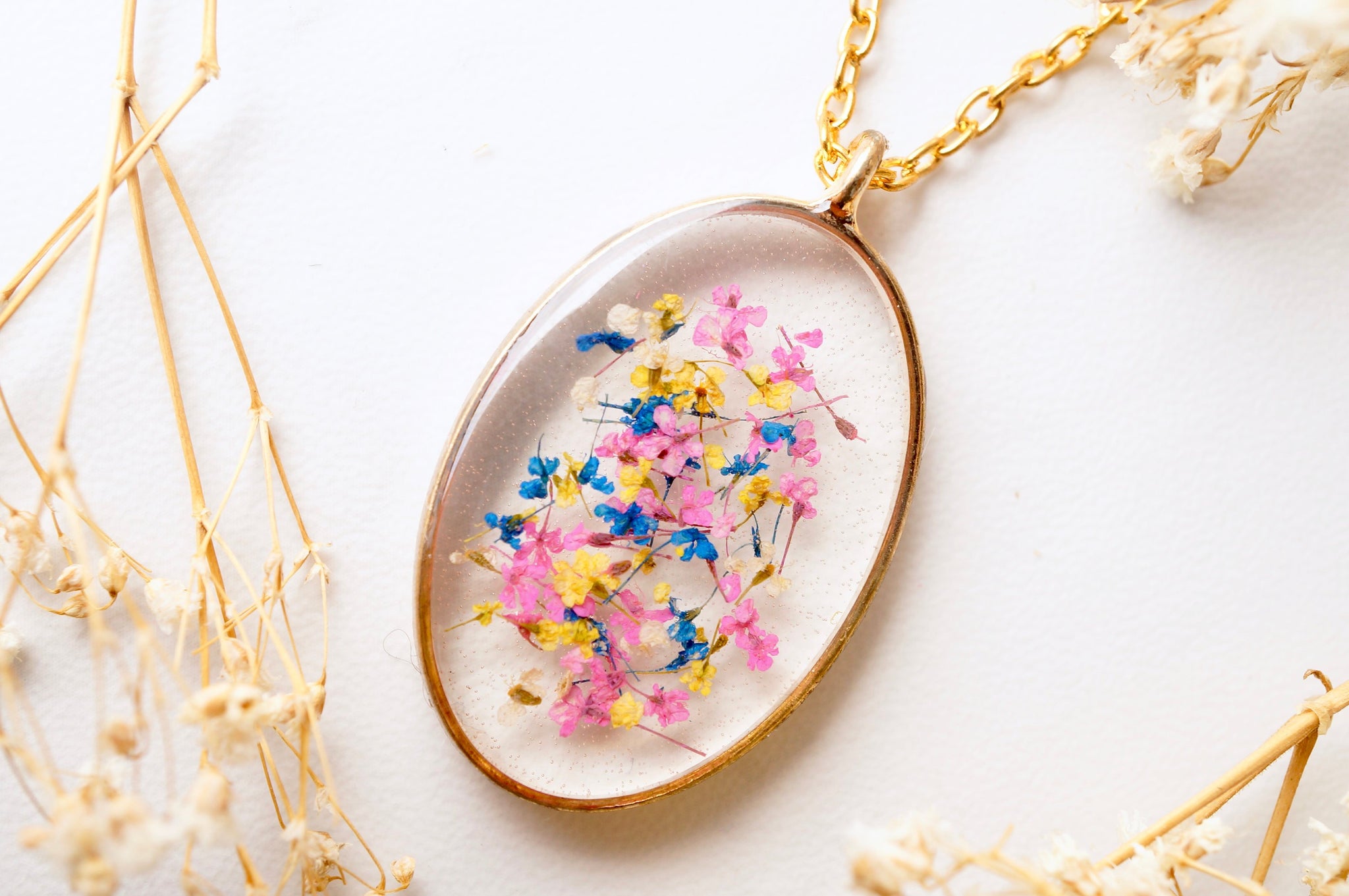 Real Pressed Flowers in Resin, Gold Camera Necklace with Purple Pink T –  ann + joy