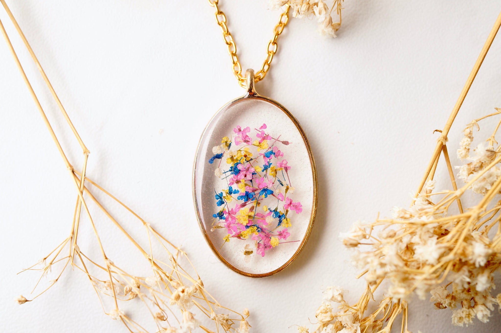 Real Pressed Flower and Resin Necklace Gold Oval in Pink Yellow Blue and White 24