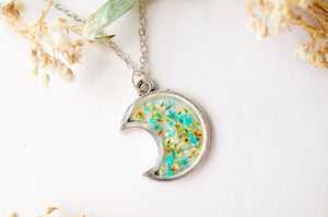 Real Pressed Flowers and Resin Necklace, Celestial Silver Moon in Teal Green Yellow