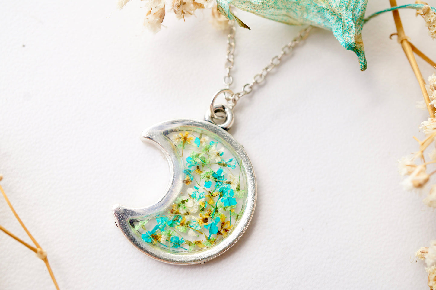 Real Pressed Flowers and Resin Necklace, Celestial Silver Moon in Teal Green Yellow