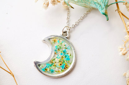 Real Pressed Flowers and Resin Necklace, Celestial Silver Moon in Teal Green Yellow