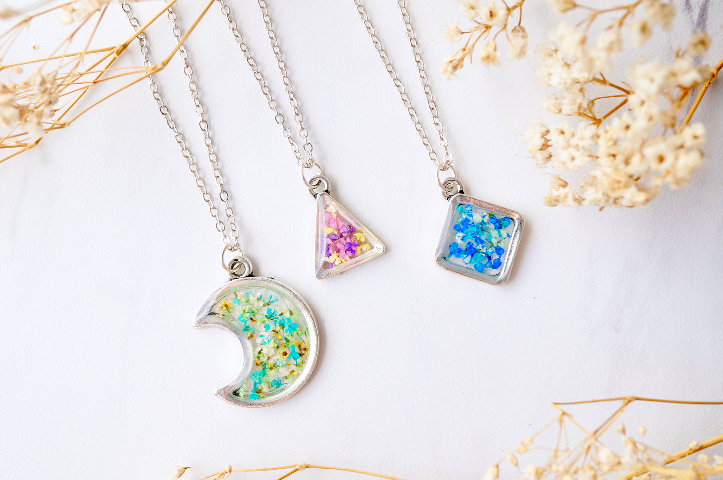 Real Pressed Flowers and Resin Necklace, Celestial Silver Moon in Teal Green Yellow
