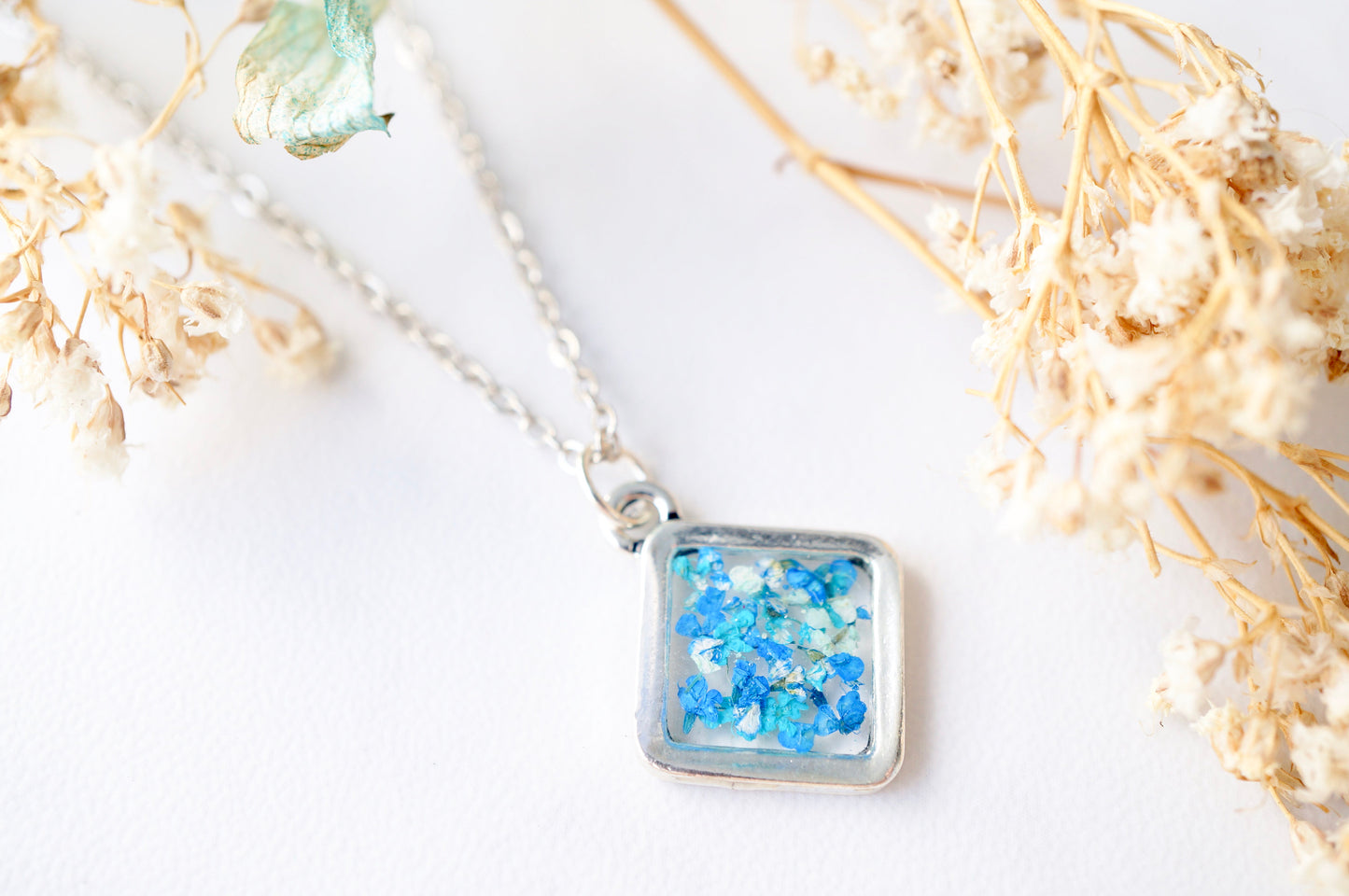 Real Dried Flowers and Resin Necklace, Silver Diamond in Blue Teal Mint