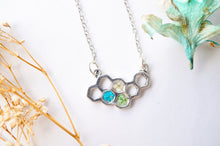 Real Dried Flowers in Honeycomb Resin Necklace in Teal White Green