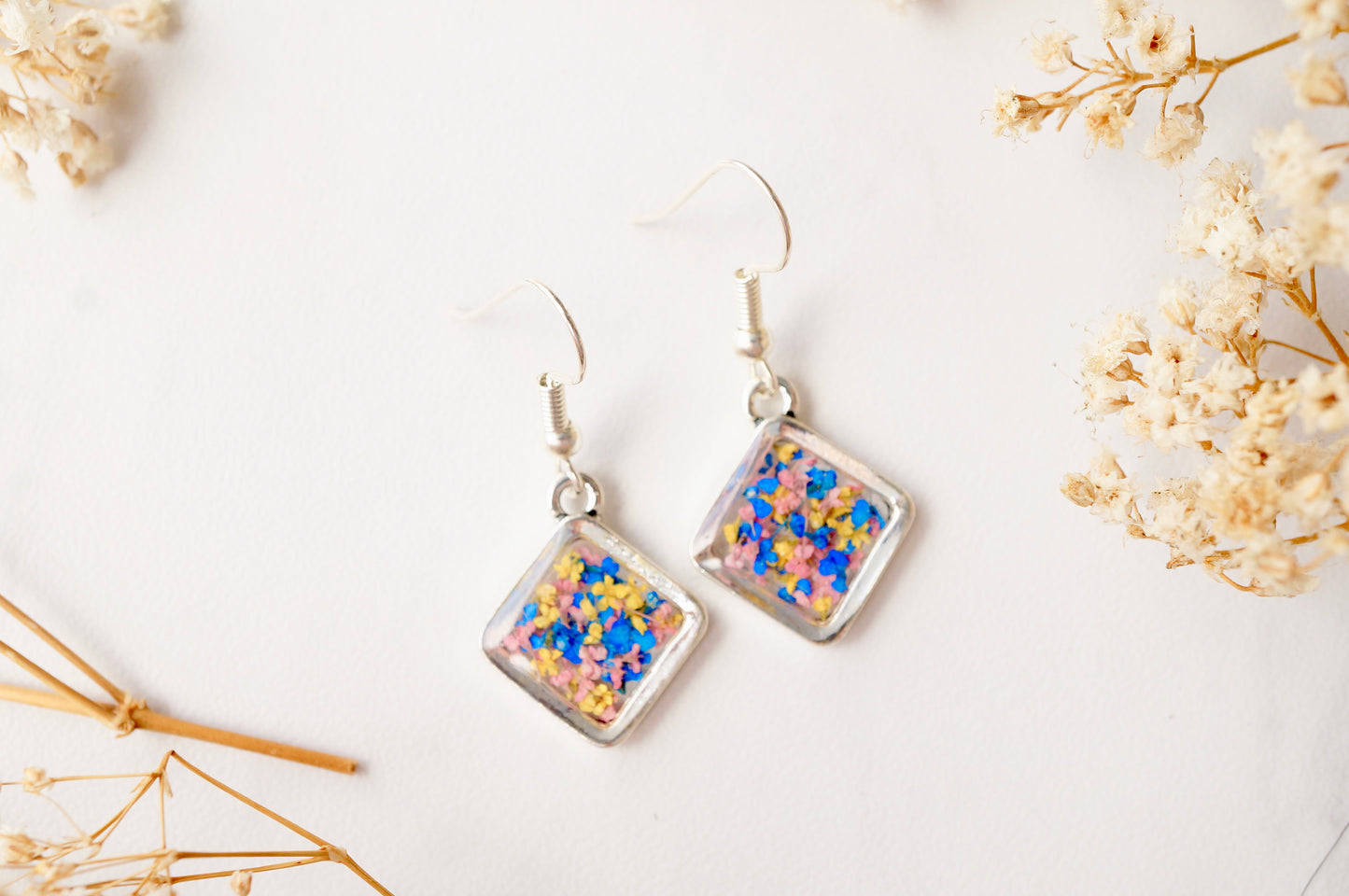 Real Dried Flowers and Resin Earrings, Silver Diamond Drops in Yellow Blue Pink