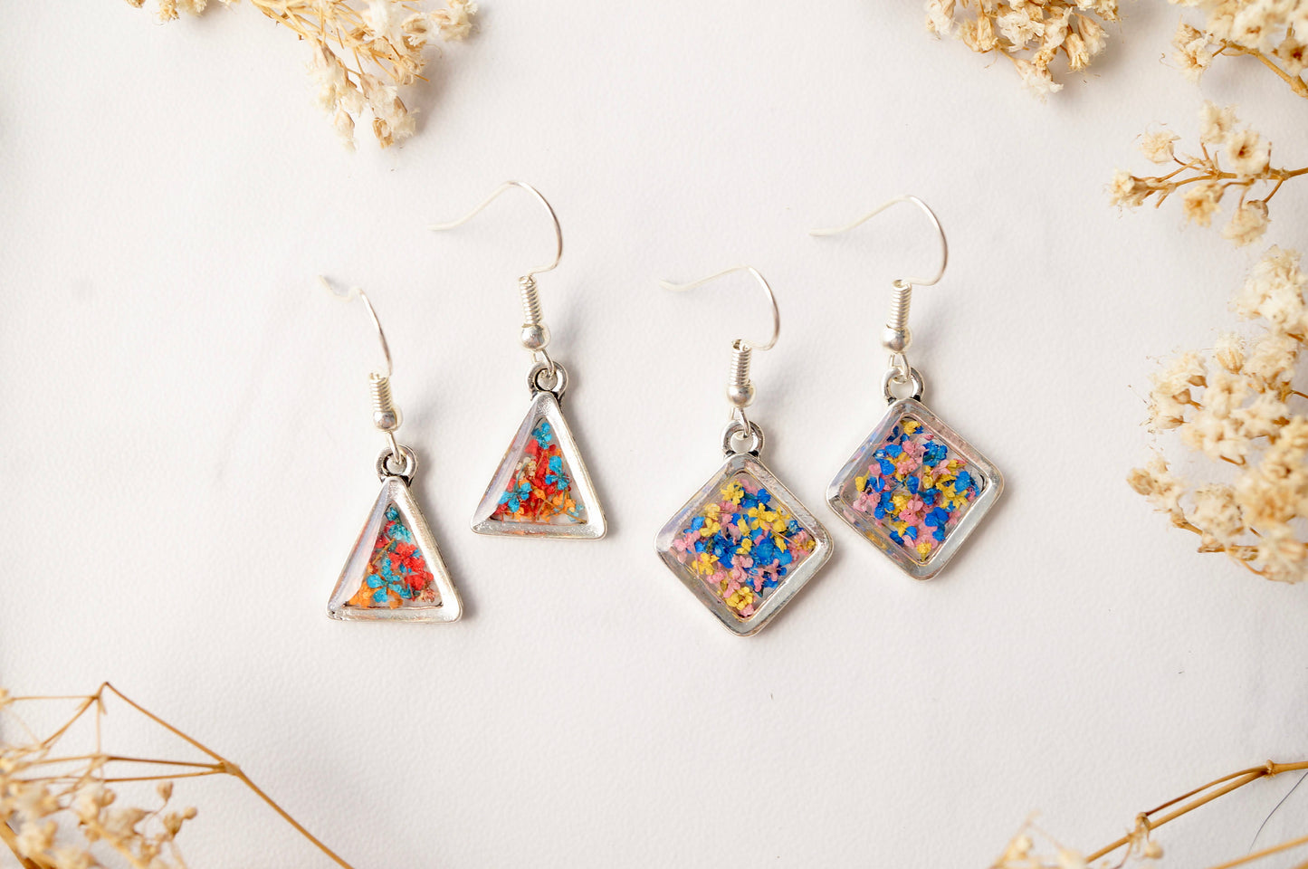 Real Dried Flowers and Resin Earrings, Silver Diamond Drops in Yellow Blue Pink