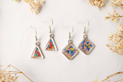 Real Dried Flowers and Resin Earrings, Silver Diamond Drops in Yellow Blue Pink