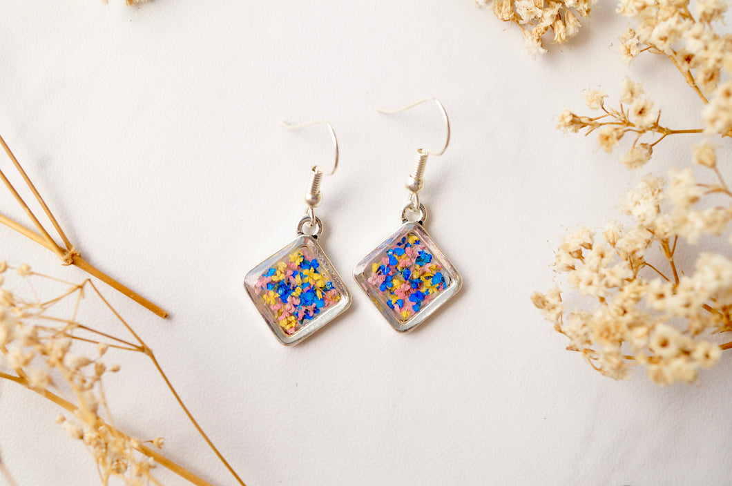 Real Dried Flowers and Resin Earrings, Silver Diamond Drops in Yellow Blue Pink