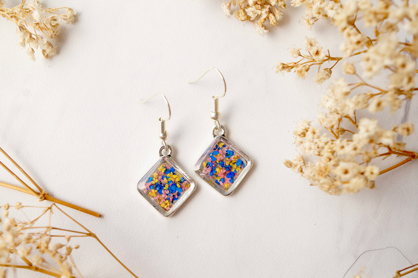 Real Dried Flowers and Resin Earrings, Silver Diamond Drops in Yellow Blue Pink