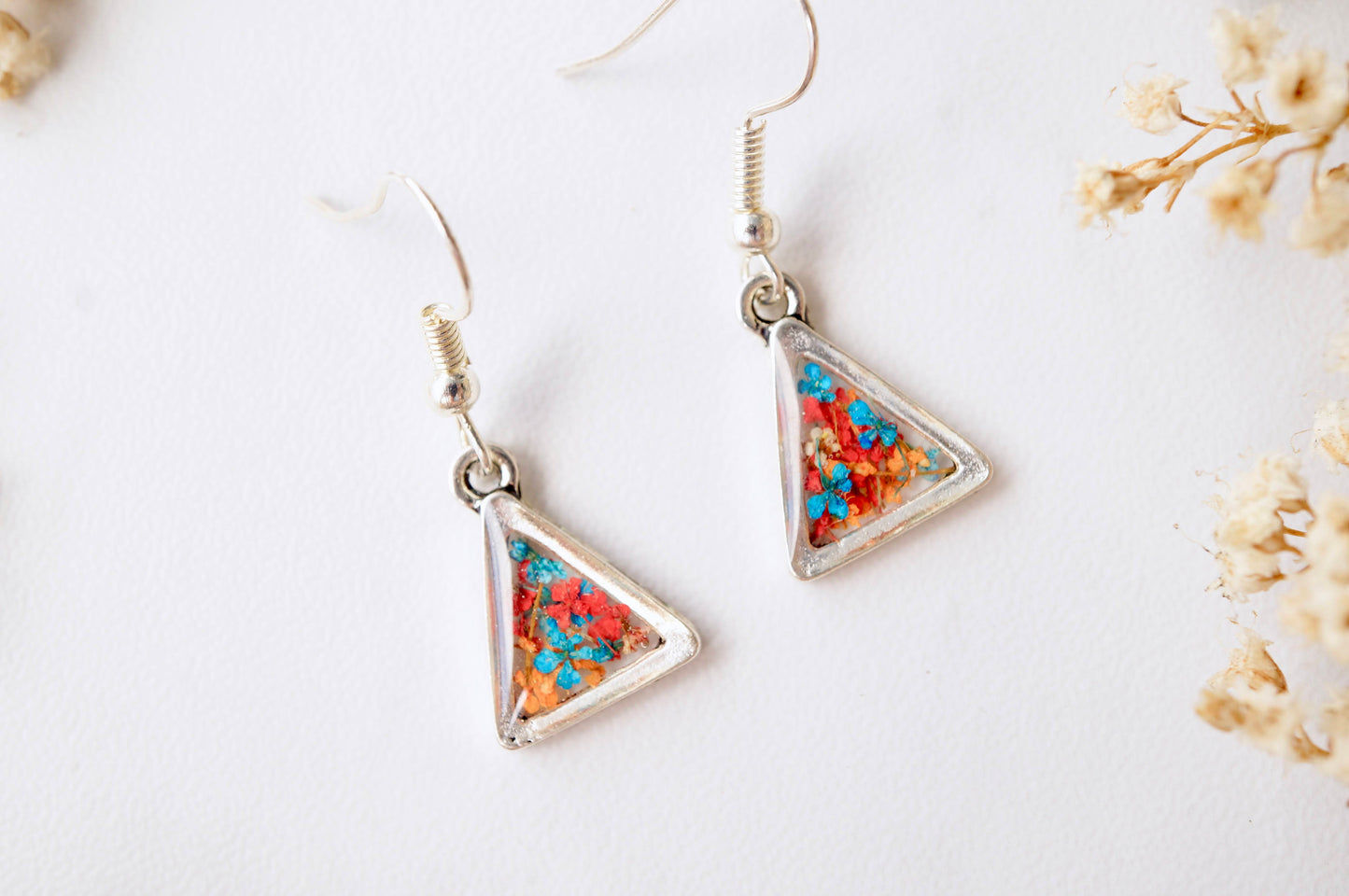 Real Dried Flowers and Resin Earrings, Silver Triangle Drops in Orange Blue Red