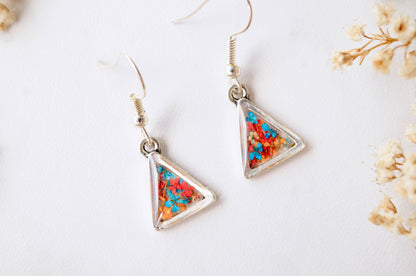 Real Dried Flowers and Resin Earrings, Silver Triangle Drops in Orange Blue Red