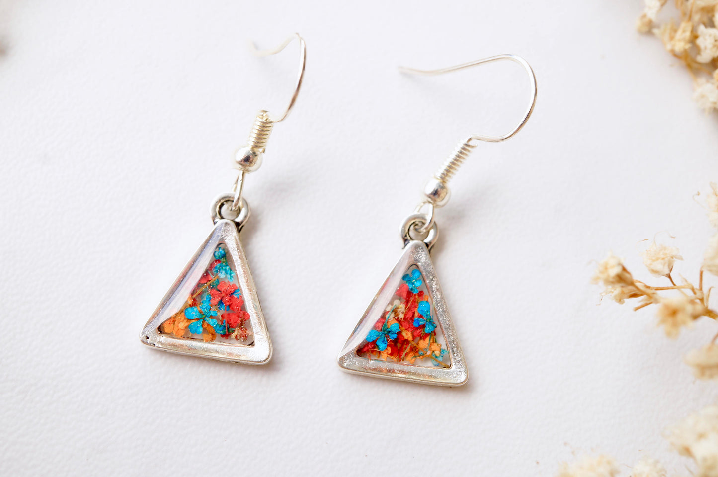 Real Dried Flowers and Resin Earrings, Silver Triangle Drops in Orange Blue Red