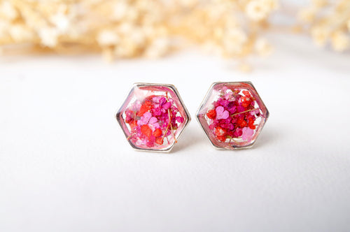 Real Dried Flowers and Resin Stud Earrings, Silver Hexagon in Red Pink Mix