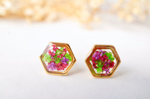Real Dried Flowers and Resin Stud Earrings, Gold Hexagon in Red Purple Green