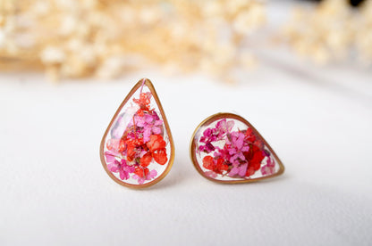 Real Dried Flowers and Resin Stud Earrings, Gold Teardrop in Red Pink Mix