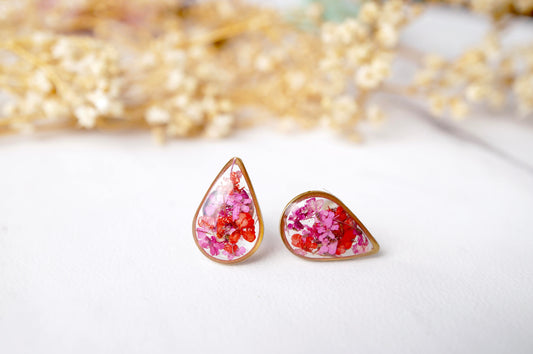 Real Dried Flowers and Resin Stud Earrings, Gold Teardrop in Red Pink Mix