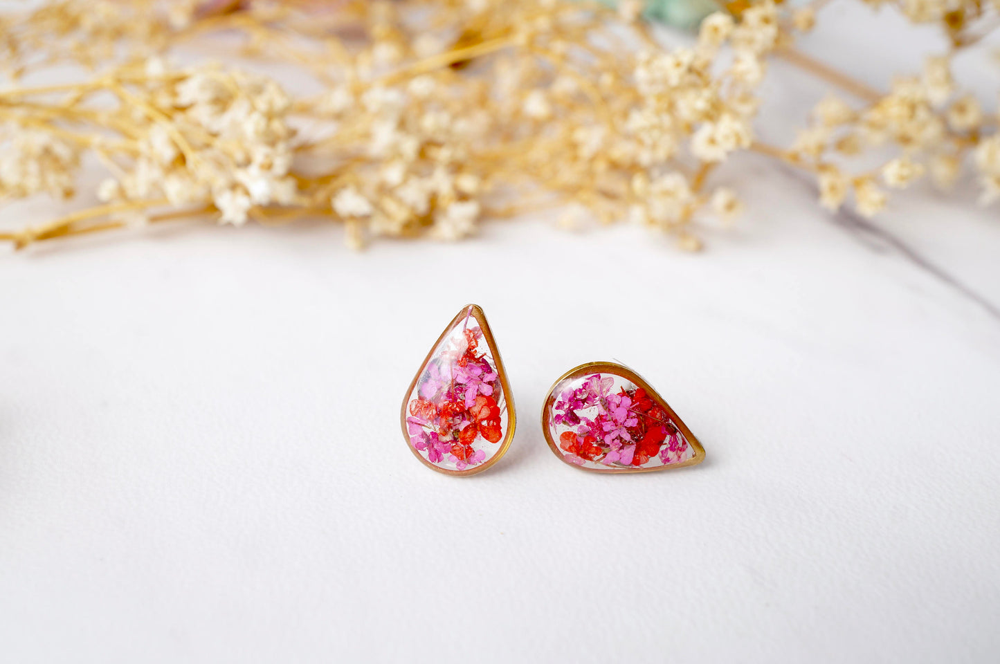 Real Dried Flowers and Resin Stud Earrings, Gold Teardrop in Red Pink Mix