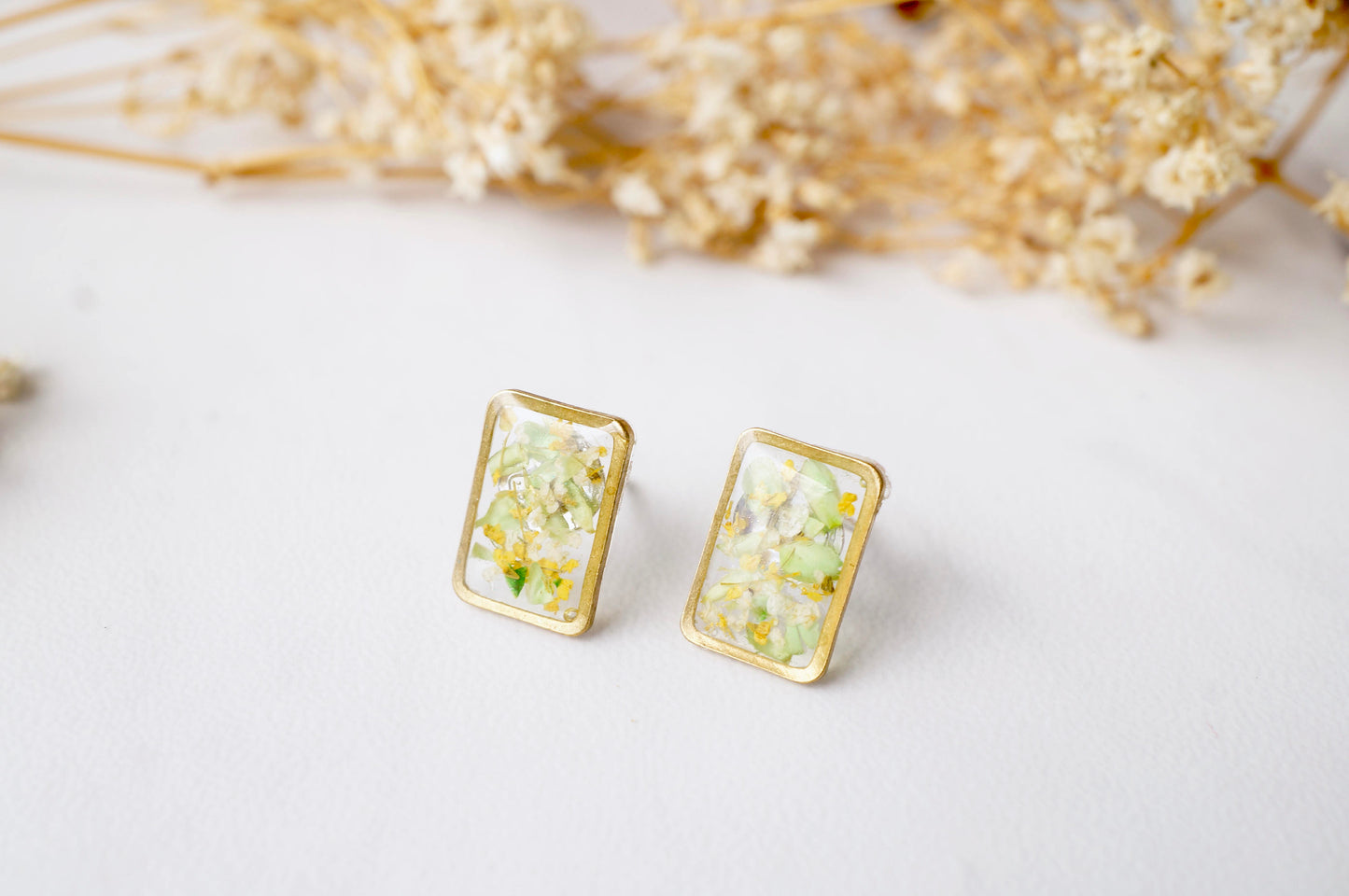 Real Dried Flowers and Resin Stud Earrings, Gold Rectangle in Yellow and Green