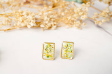Real Dried Flowers and Resin Stud Earrings, Gold Rectangle in Yellow and Green