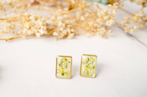 Real Dried Flowers and Resin Stud Earrings, Gold Rectangle in Yellow and Green