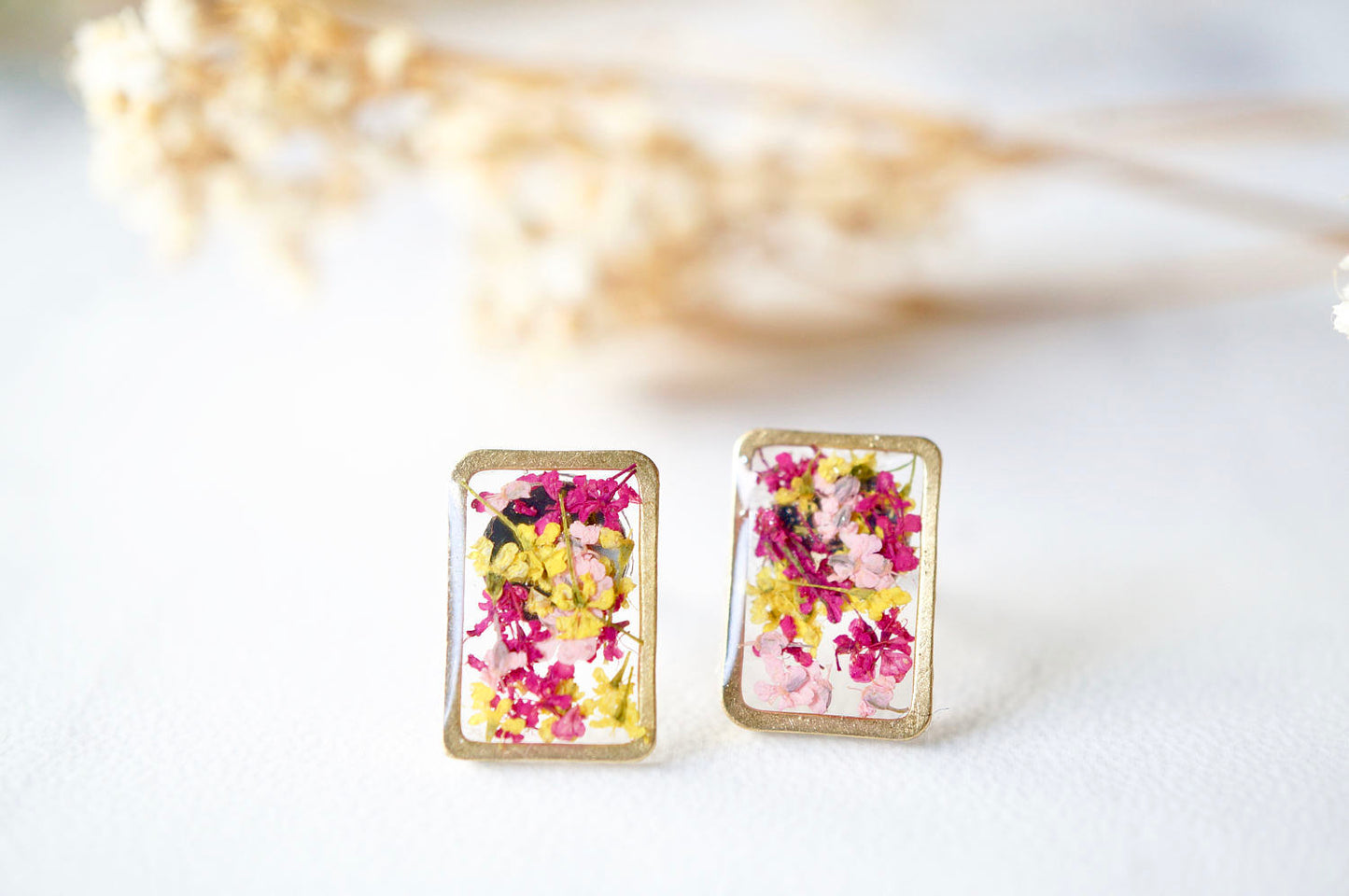 Real Dried Flowers and Resin Stud Earrings, Gold Rectangle in Yellow and Green