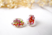 Real Dried Flowers and Resin Oval Stud Earrings in Purple Pink Red Green