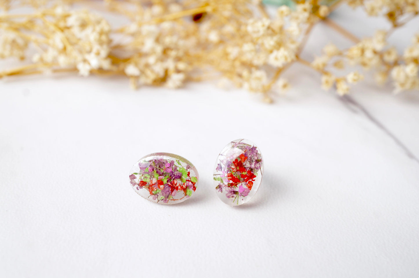 Real Dried Flowers and Resin Oval Stud Earrings in Purple Pink Red Green