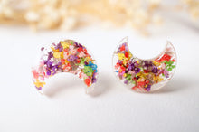 Real Dried Flowers and Resin Moon Stud Earrings in Party Mix