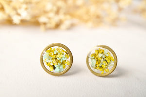 Real Dried Flowers and Resin Stud Earrings, Gold Circle in Mint and Yellow