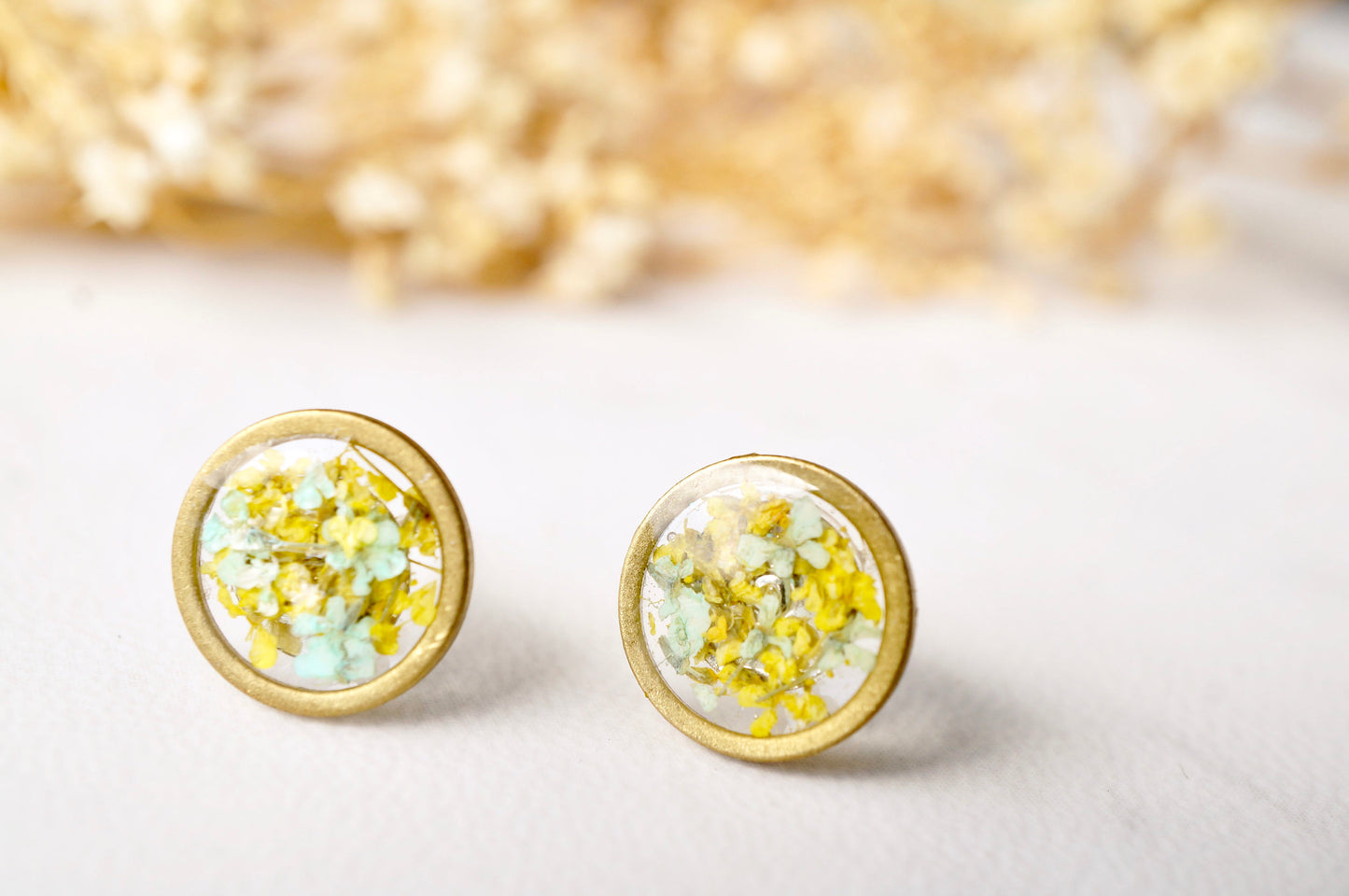 Real Dried Flowers and Resin Stud Earrings, Gold Circle in Mint and Yellow