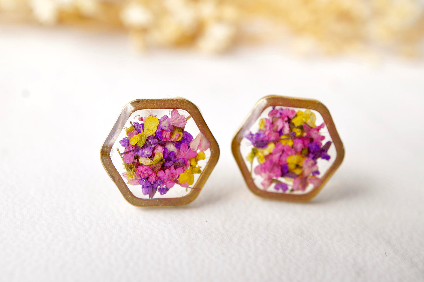 Real Dried Flowers and Resin Stud Earrings, Gold Hexagon in Purple Pink Yellow