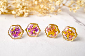 Real Dried Flowers and Resin Stud Earrings, Gold Hexagon in Purple Pink Yellow