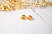 Real Dried Flowers and Resin Stud Earrings, Gold Hexagon in Pink and Yellow