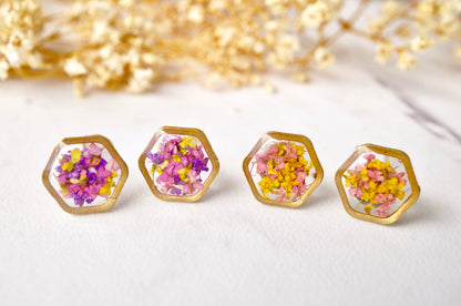 Real Dried Flowers and Resin Stud Earrings, Gold Hexagon in Pink and Yellow