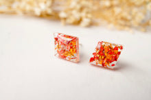 Real Dried Flowers and Resin Diamond Stud Earrings in Red and Orange